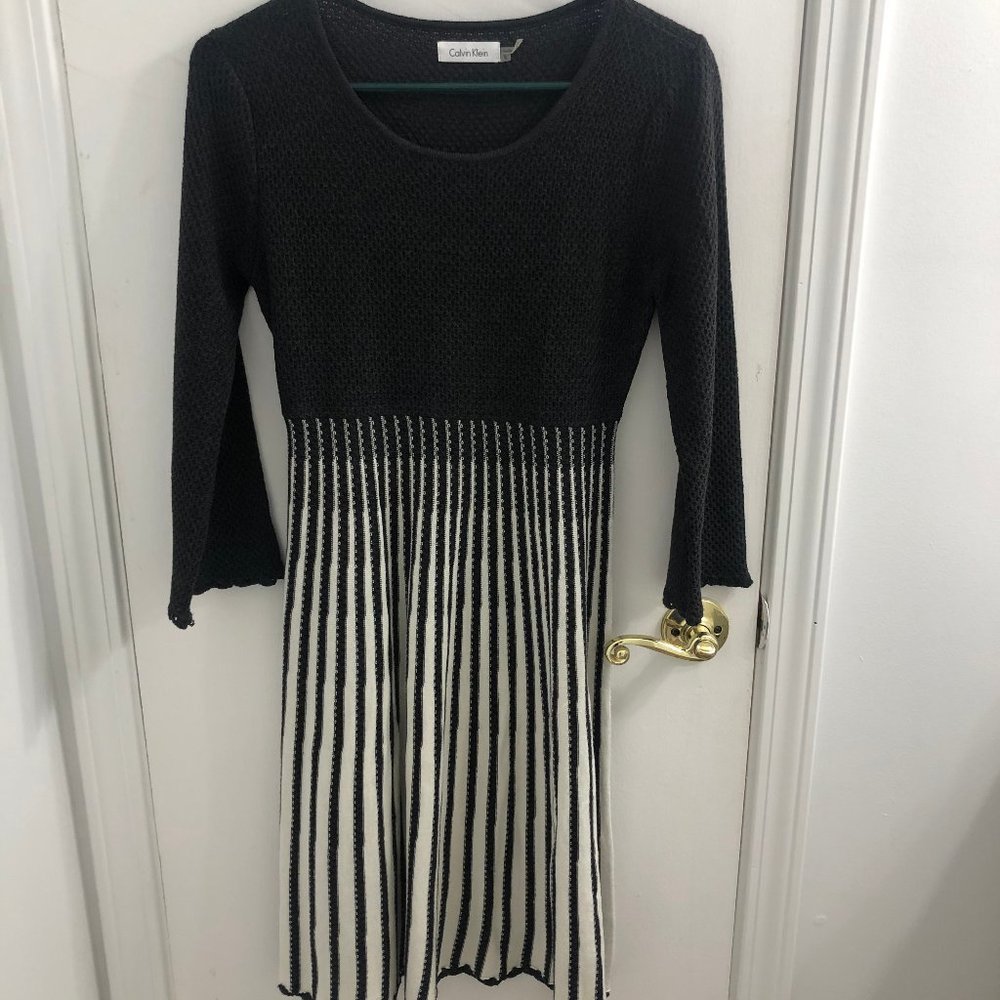 Calvin Klein Gray and White Sweater Dress